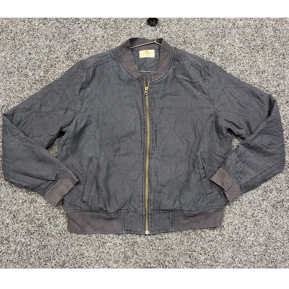 Marine Layer Bomber Jacket Large Navy Quilted Tencel Linen Full Zip Coat